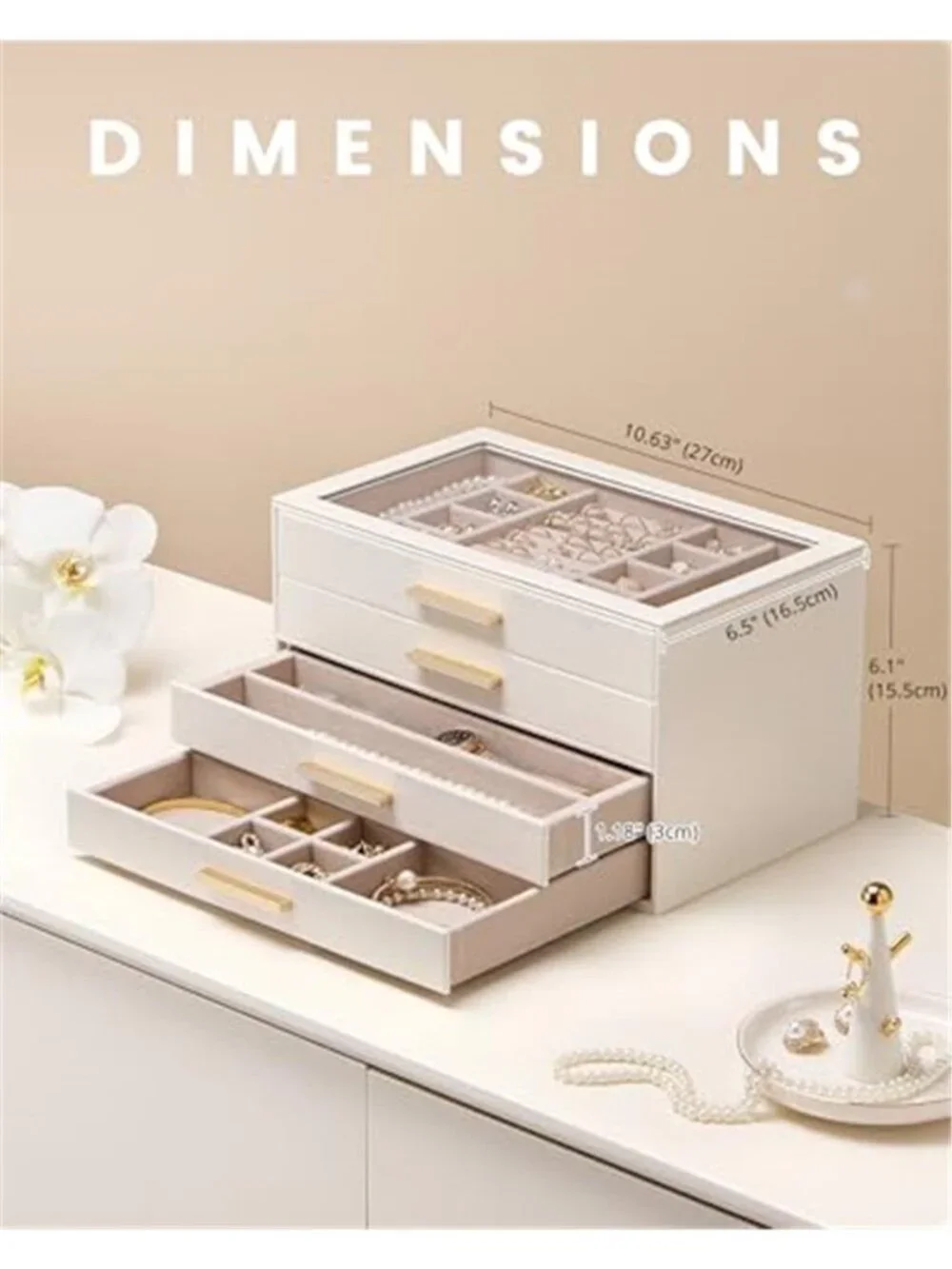 Beige Jewelry Box Organizer 4 Drawer Glass Lid Velvet Ring Necklace Earring Case